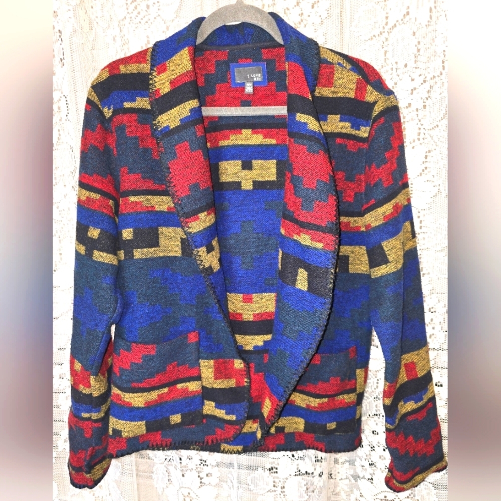 I Love H81, Colorful Aztec Jacket, Wool Blend, Cardigan Sweater. Womens Medium